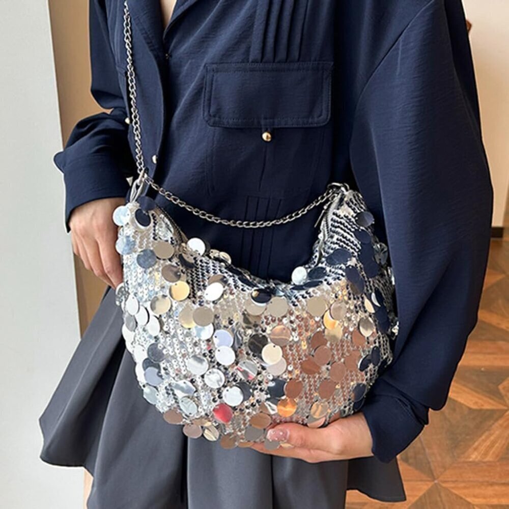 Women Shinny Evening Bag Bucket Purse Handbag Sequin Shoulder Bags Crossbody Bag - Picture 2 of 5